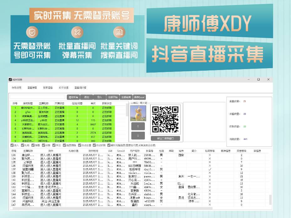 【抖音】康师傅XDY抖音直播间采集-无需登录抖音账号即可实时采集抓取直播间弹幕互动用户信息